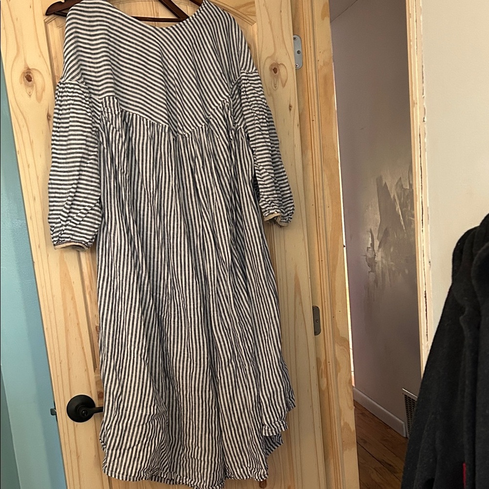 Round yoke 100 linen stripe midi dress oversized XL